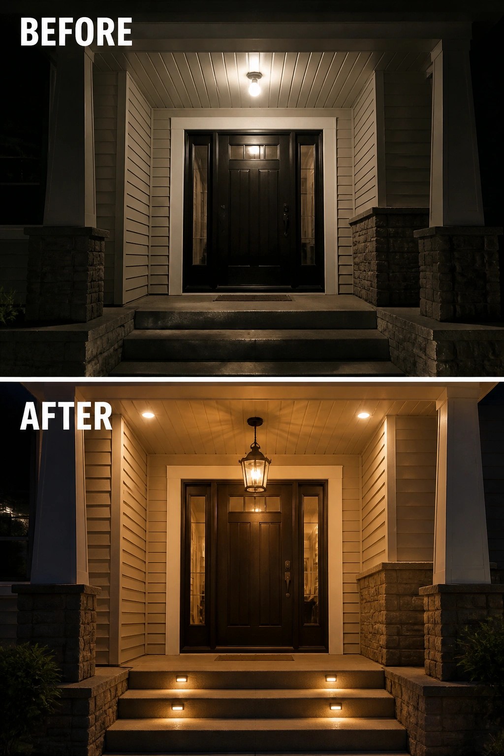 Before and after of a front porch with upgraded warm lighting at night