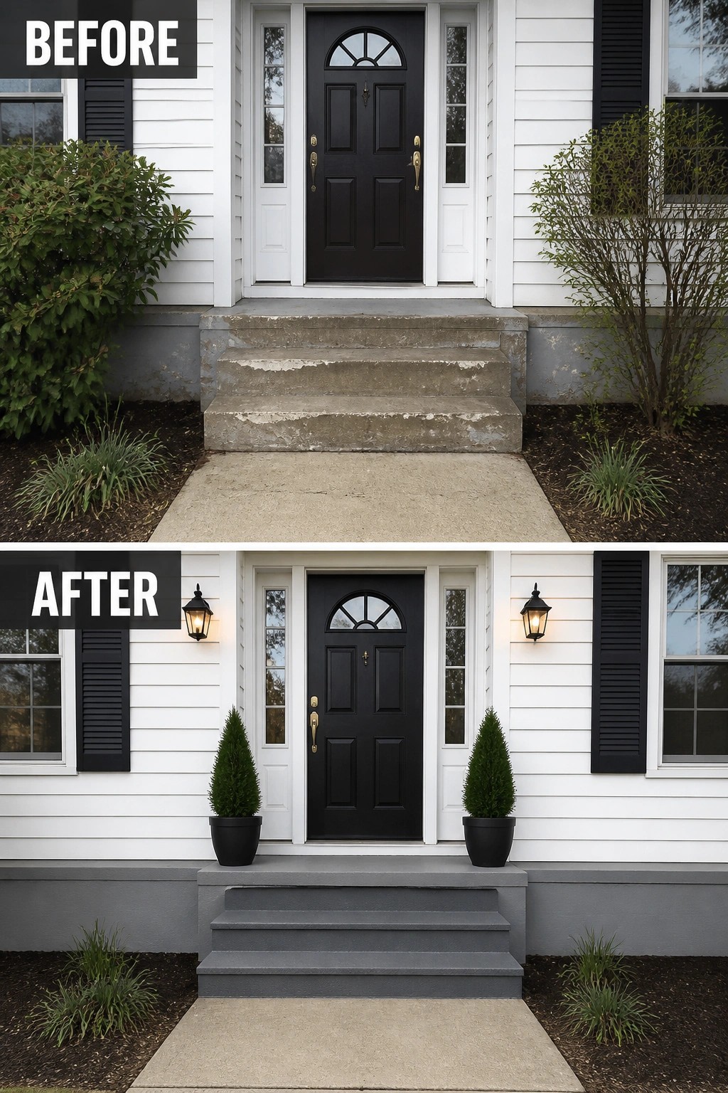 Before and after front entrance with black door, gray steps, and potted plants.