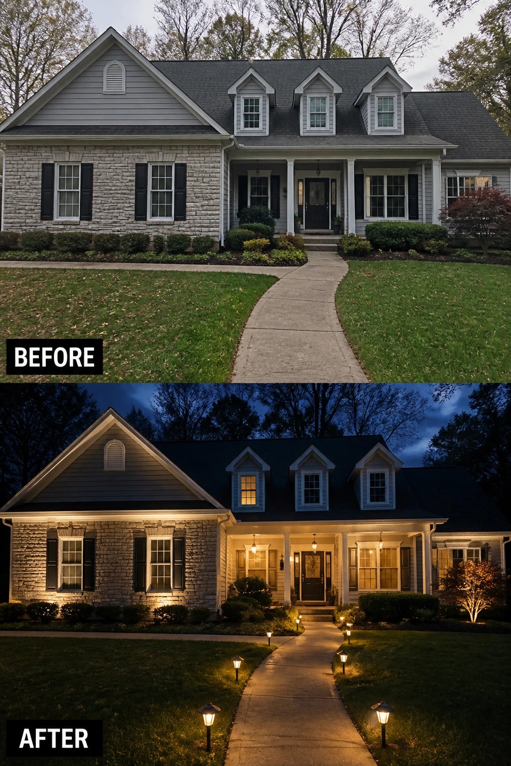 Before and after of suburban house with added nighttime landscape lighting