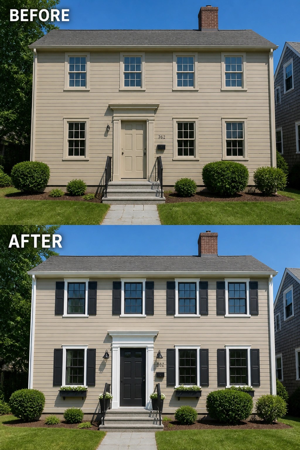 Before-and-after image of a beige two-story house exterior updated with black shutters, white window trim, a dark front door, and flower boxes under the lower windows.
