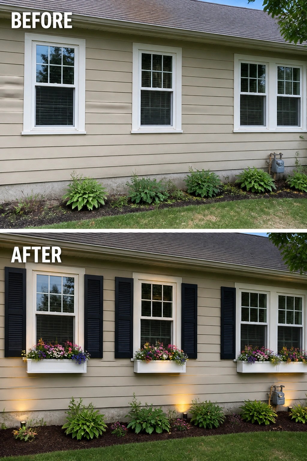 Before-and-after image of a house exterior updated with black shutters, flower boxes, and ground lighting.