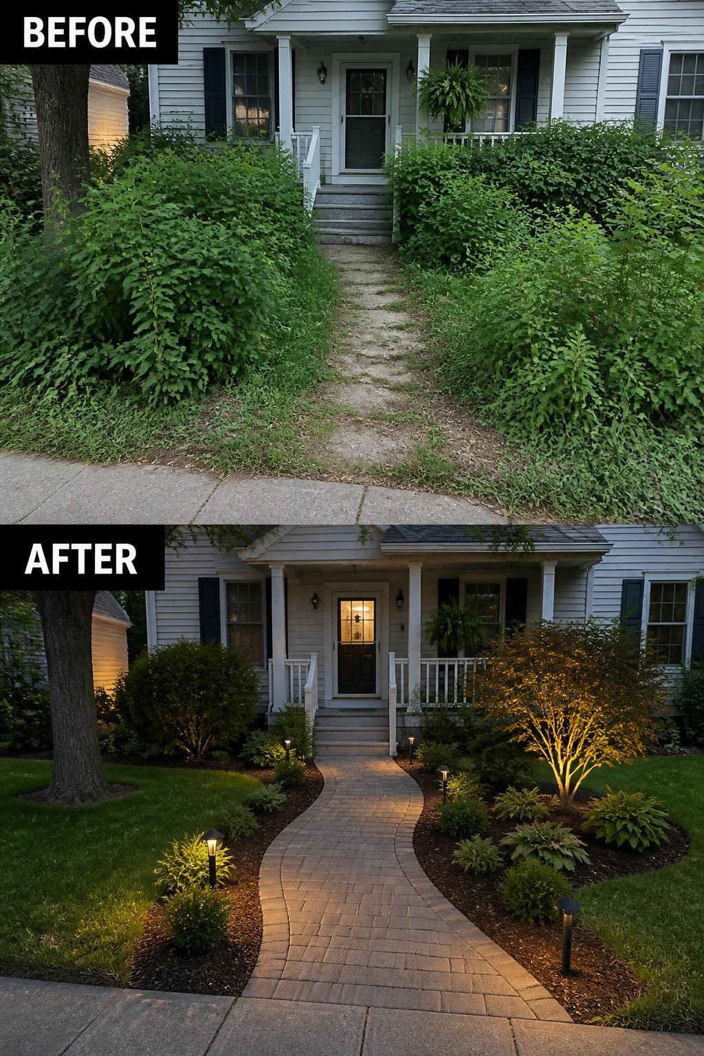 Before and after house entrance with overgrown bushes versus landscaped brick path and lights.