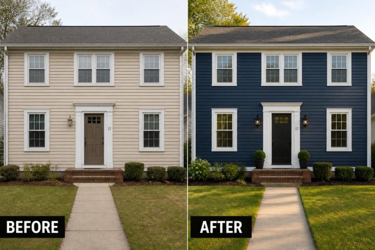 24 Fresh Home Exterior Transformation Ideas With Paint, Porch Details, and Lighting Before-and-after image of a two-story house exterior updated with navy blue siding, a dark front door, and added entry lighting.