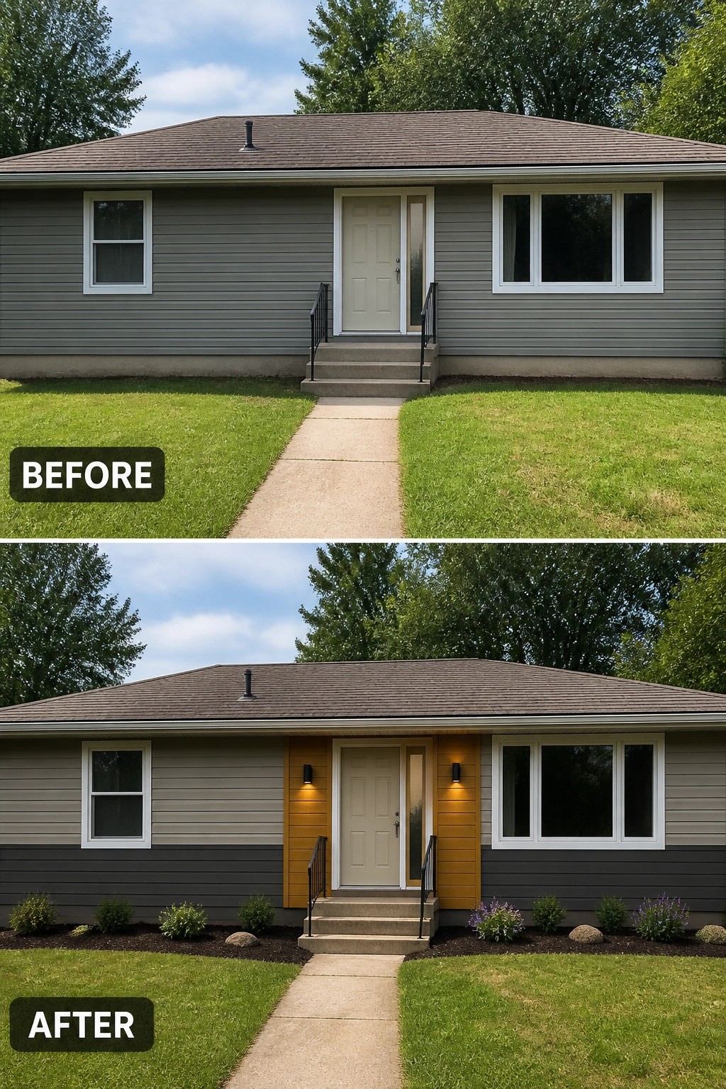 Before and after views of house with new siding, accents, lights and landscaping.