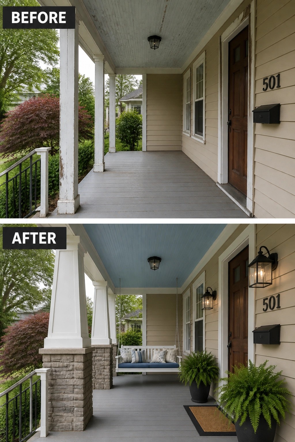 Before-and-after image of a plain front porch updated with a swing, potted plants, new lighting, and stone column bases.