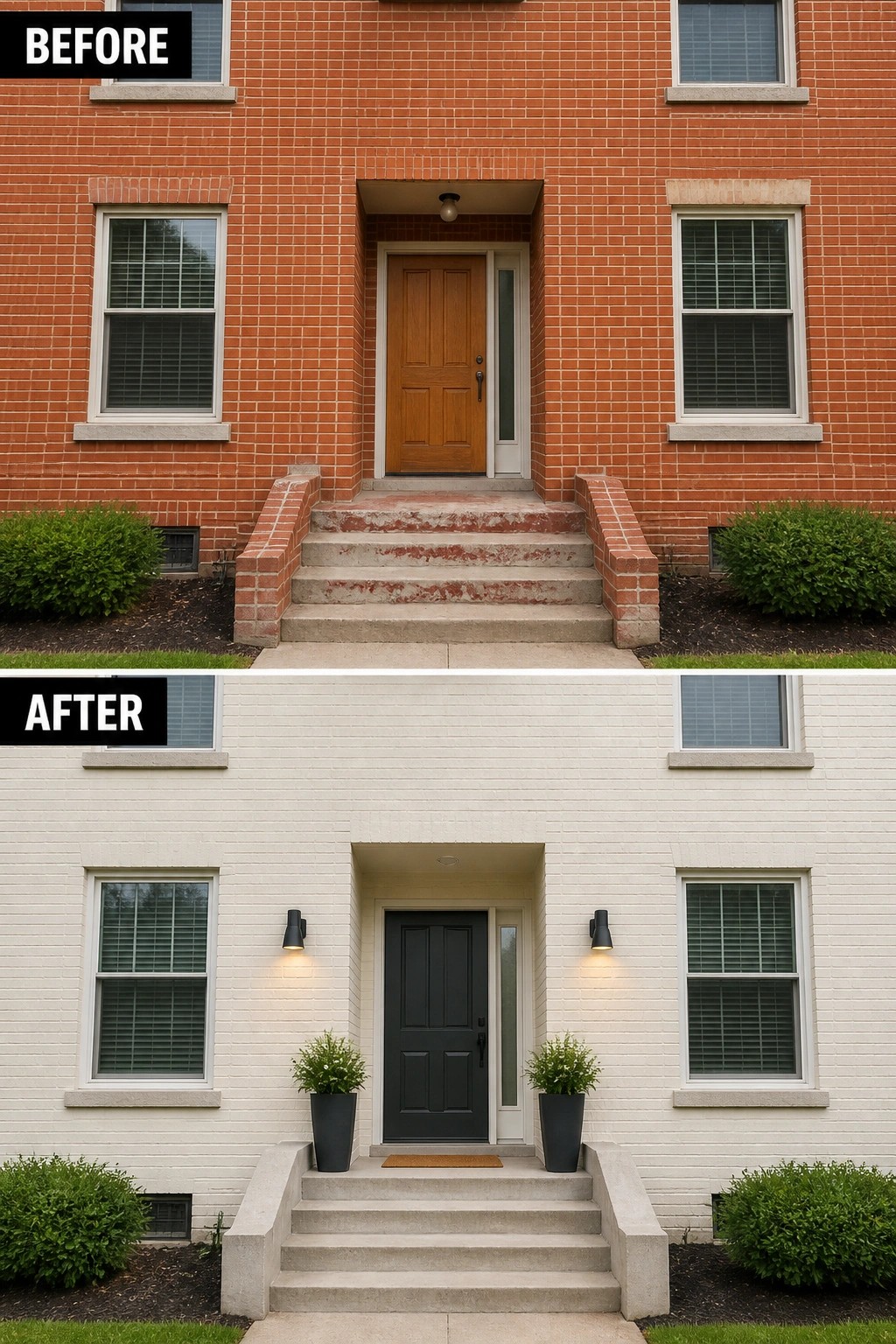 Before-and-after image of a red brick house exterior transformed with white paint, a black door, wall sconces, and planters.
