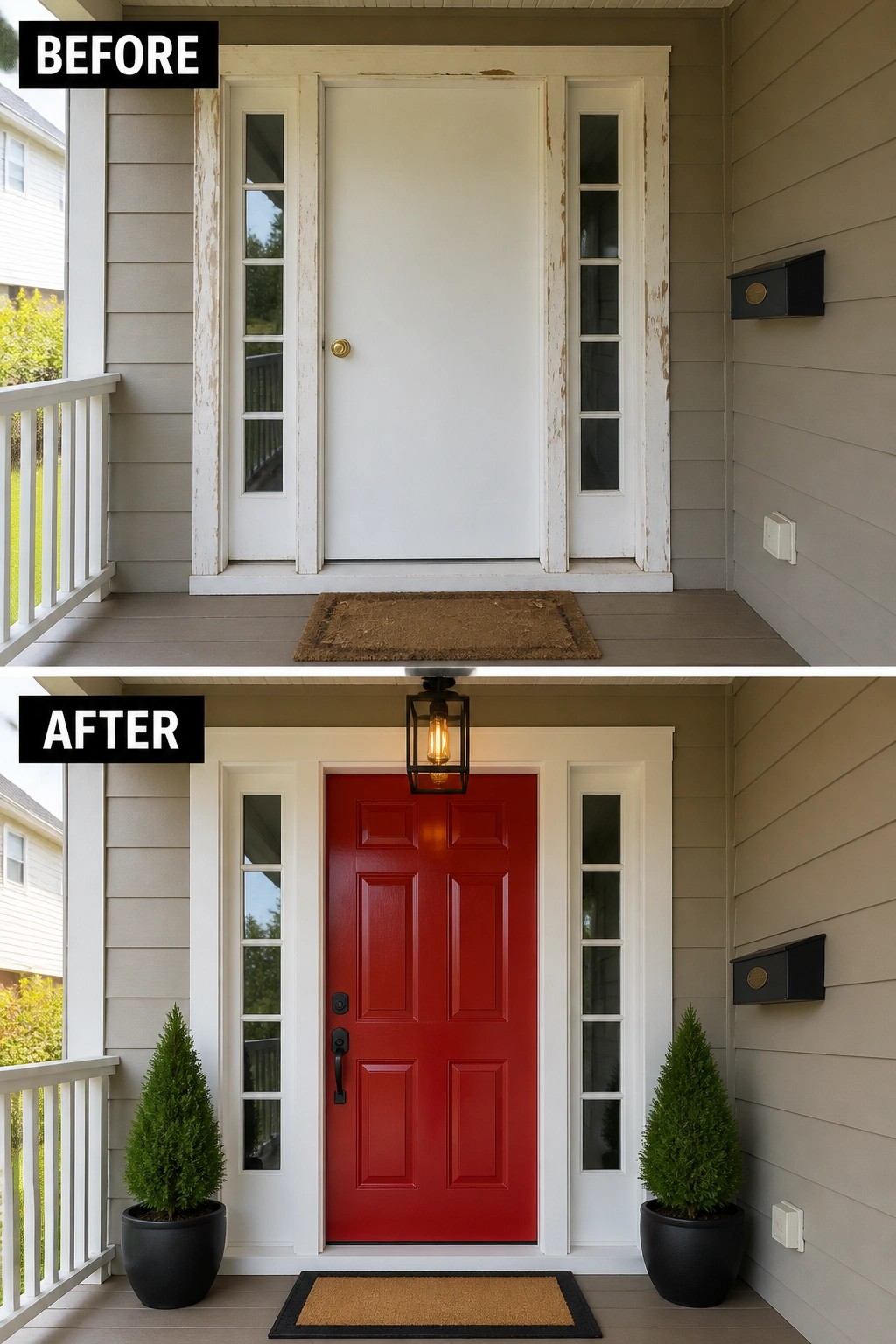 Before-and-after image of a house front entry showing a white door and trim updated to a red door with new lighting and planters.