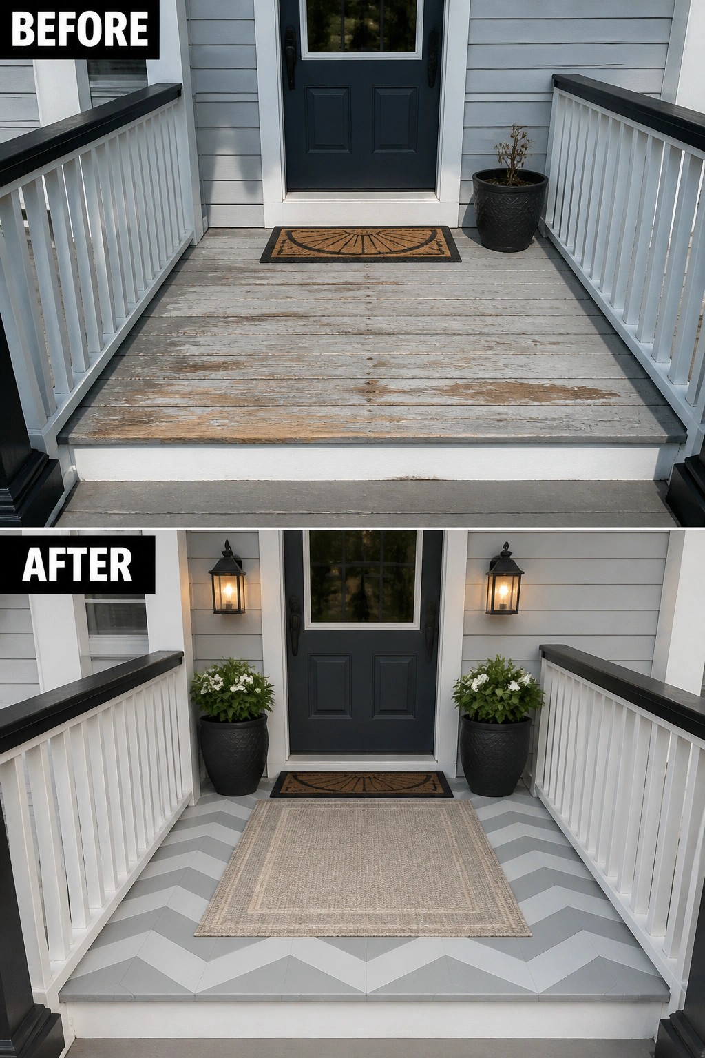 Before and after porch with weathered wood and painted gray chevron floor