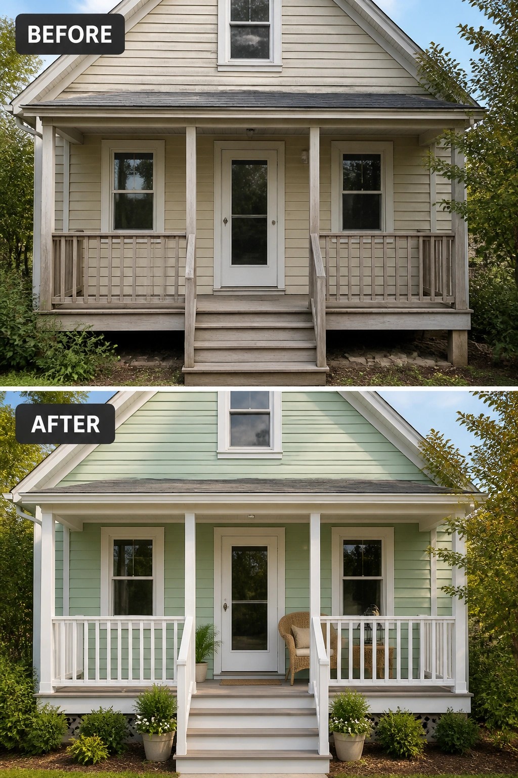 Before and after of house exterior repainted beige to light green with updated porch.