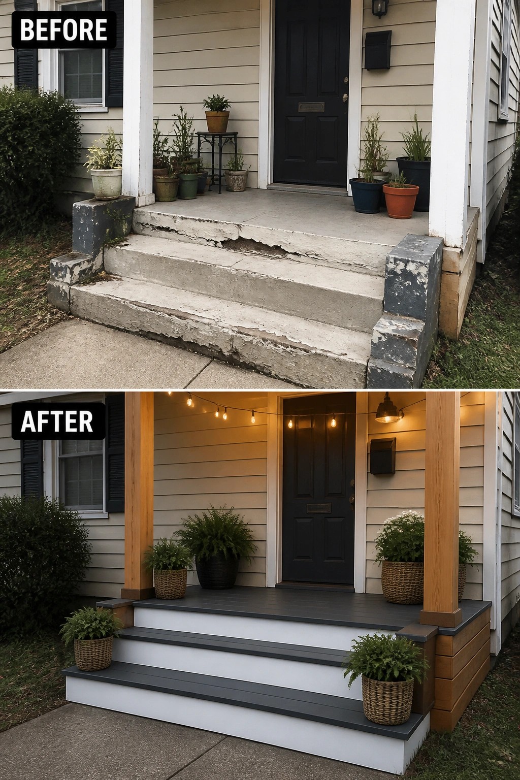 Before and after porch renovation with new steps, lights, and potted plants