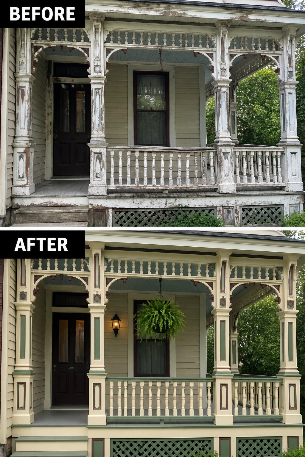 Before and after of Victorian porch repainted cream and green with hanging fern.
