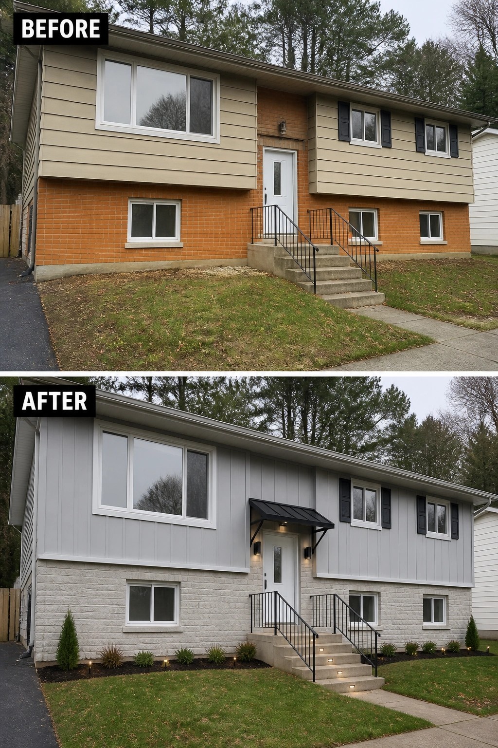 Before-and-after image of a house exterior updated with new gray siding, a stone base, black awning over the door, and added lighting.