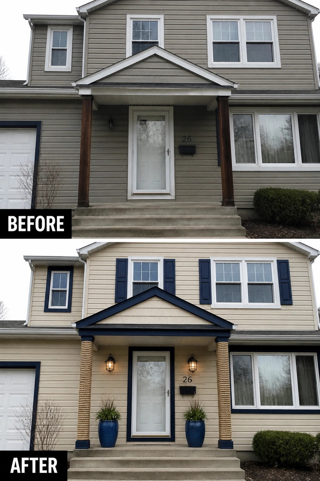 Before and after of house with beige siding, navy trim, and rope-wrapped columns.