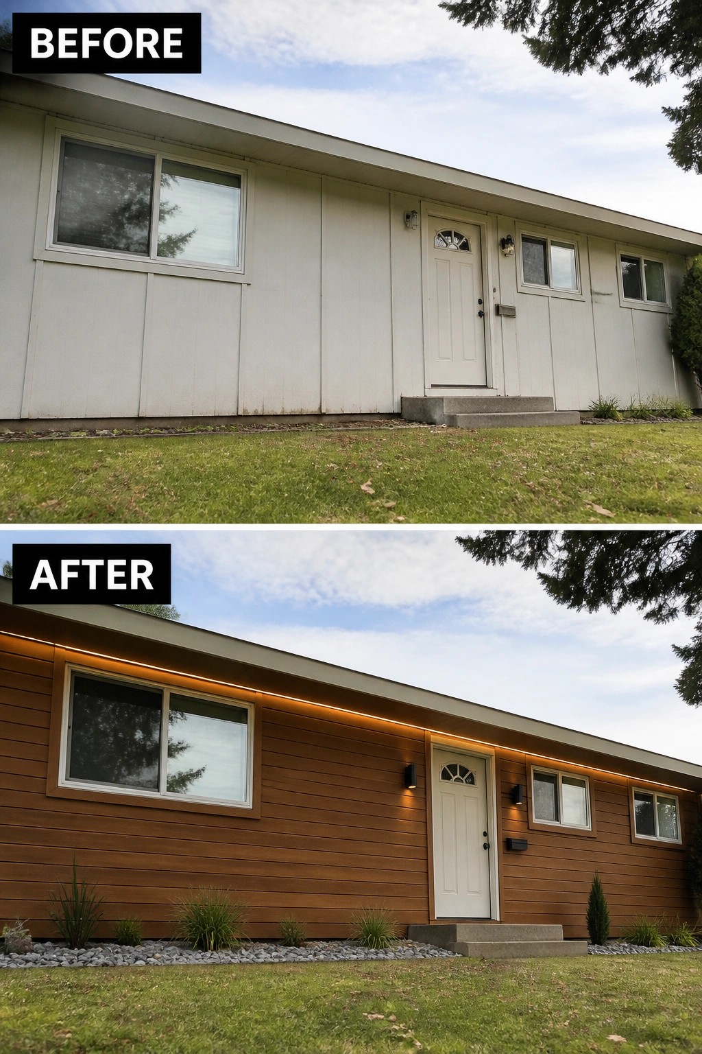 Before and after of house with new brown siding, lights, and gravel landscaping.