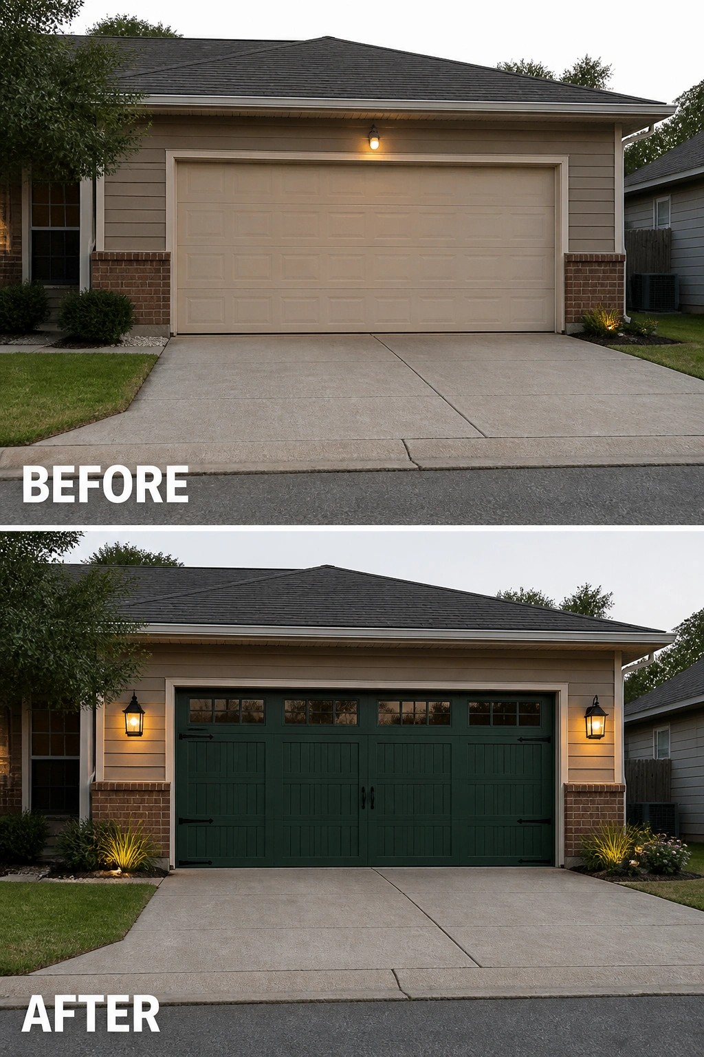 Before and after of beige single garage door replaced by dark green double doors with lights.