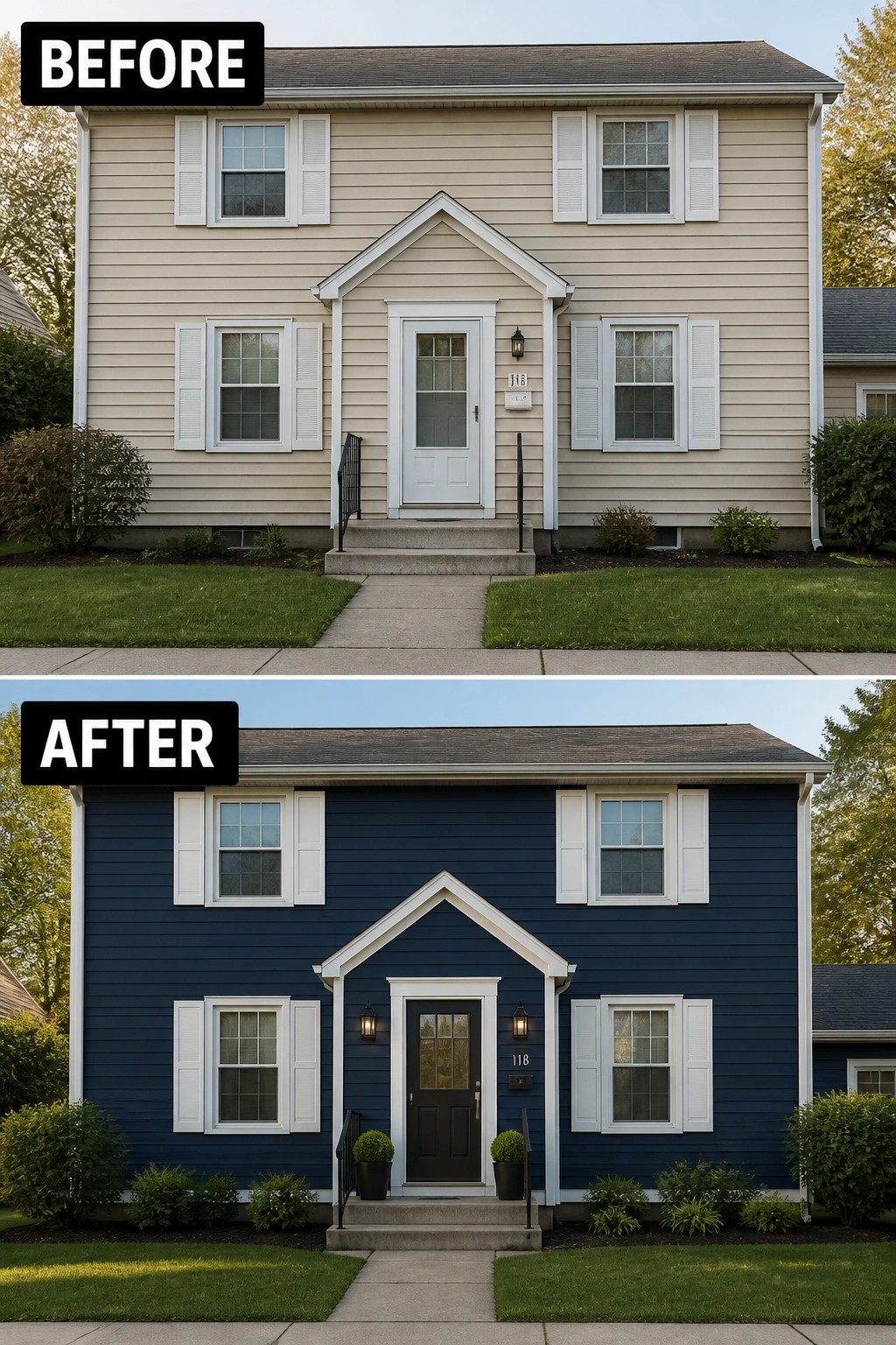 Before-and-after image of a two-story house exterior updated with navy blue siding, a dark front door, and added entry lighting.