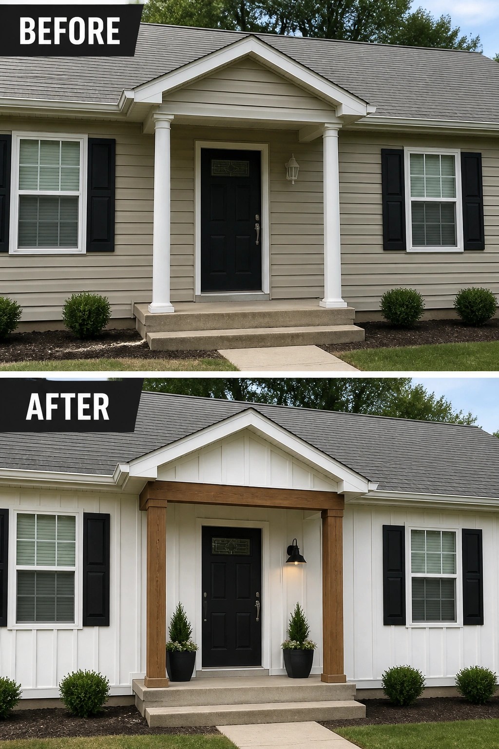 Before-and-after image of a house exterior with beige siding and white columns changed to white siding with wooden porch posts and beams plus added planters.