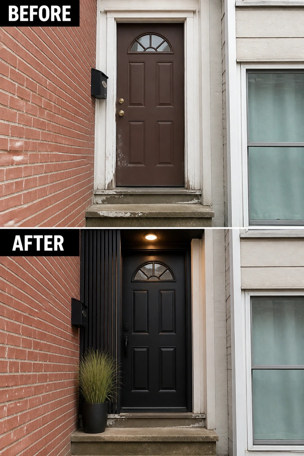 Before and after of brown door repainted black with potted plant and overhead light
