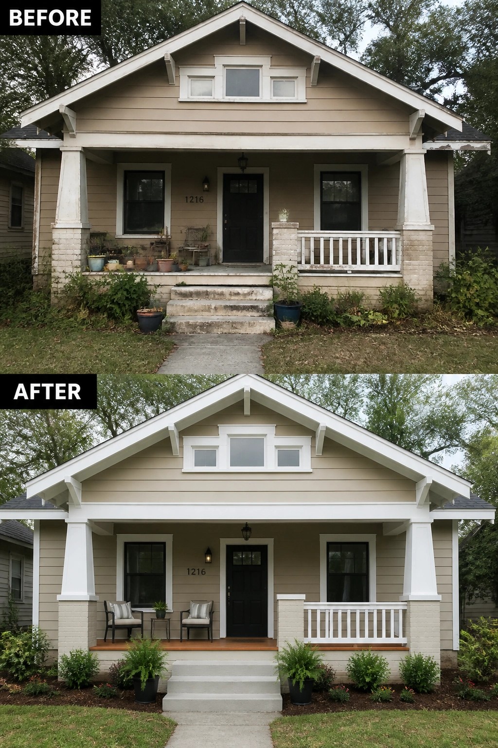 Before and after views of a renovated house with porch and landscaping updates.