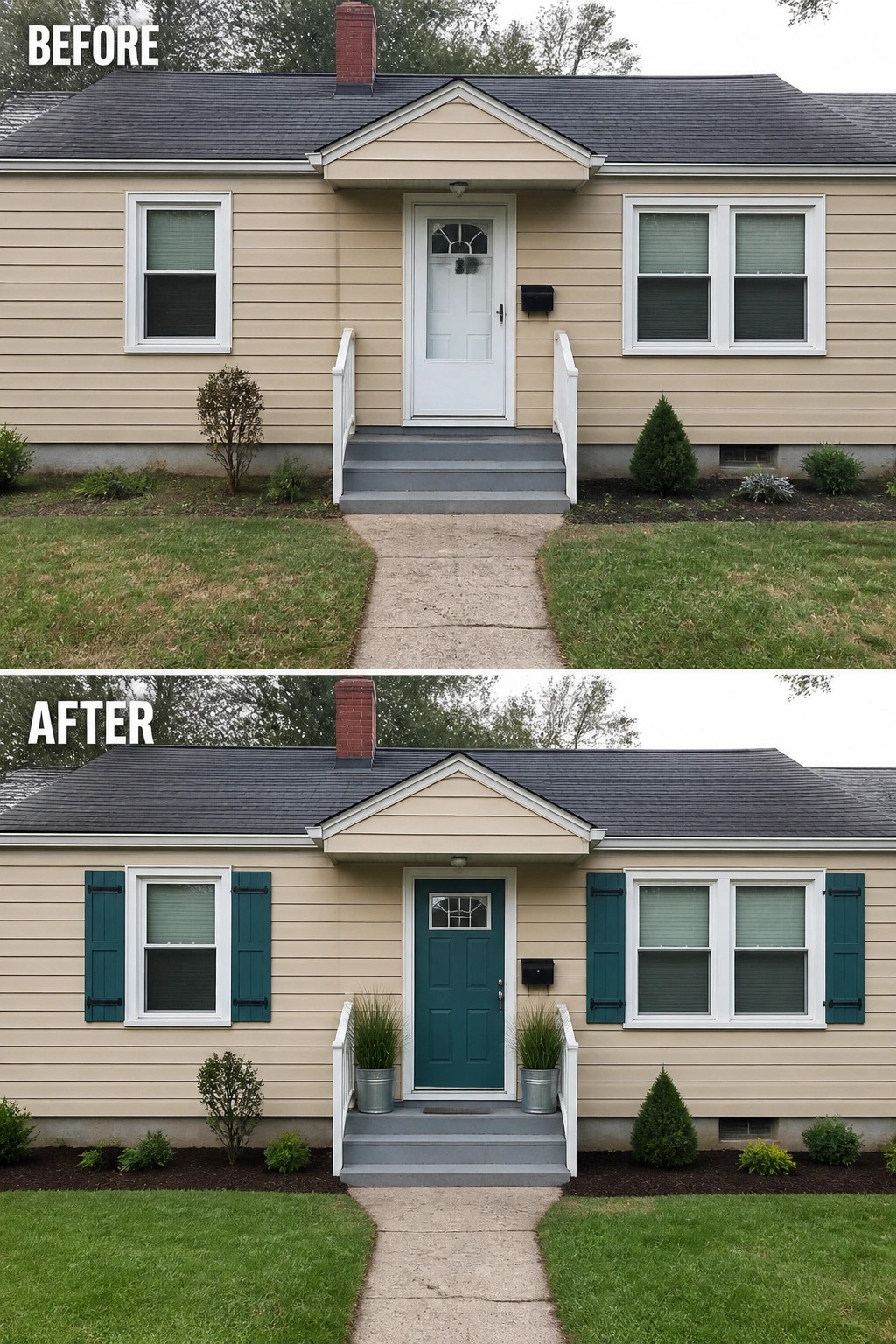 Before and after house with new teal door and matching shutters added