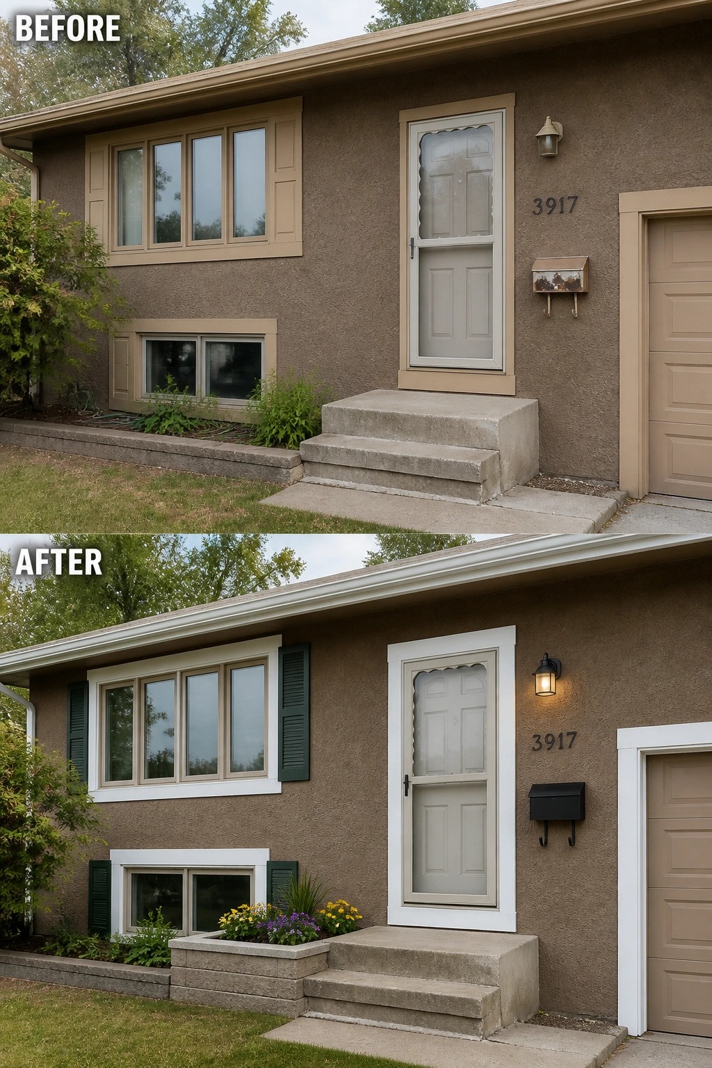 Before and after house exterior with new shutters, trim, light, and flowers.