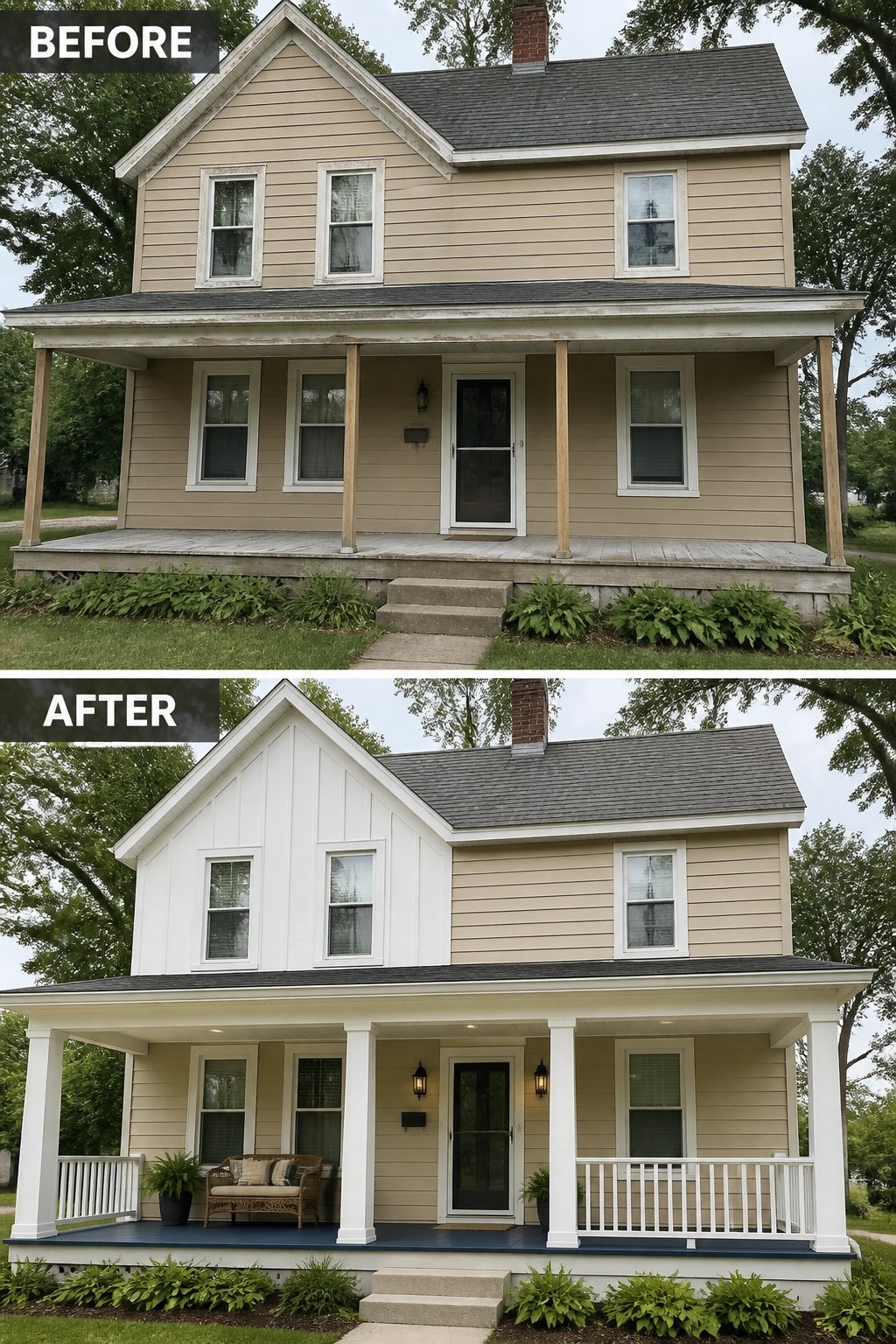 Before-and-after image of a beige house exterior updated with white paint on the gable and porch trim.