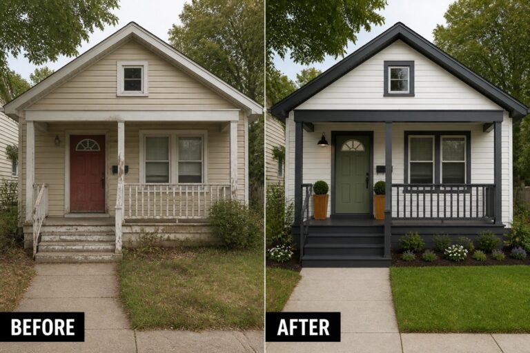 Before and after house exterior with new white paint, green door, and landscaping