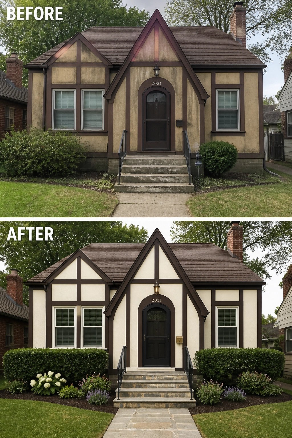 Before-and-after image of a beige house exterior repainted in a lighter cream color with refreshed landscaping and a new stone walkway.