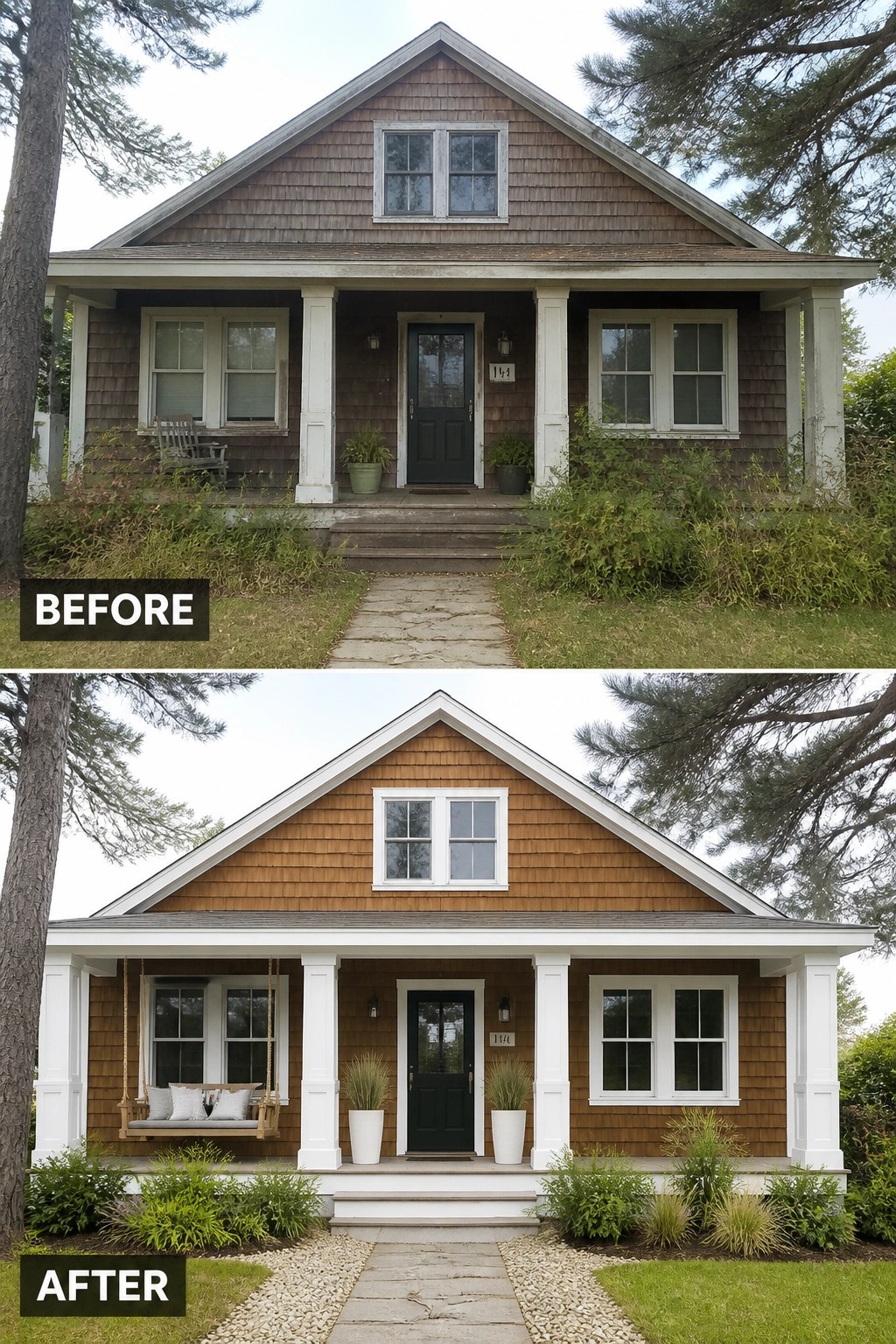 Before-and-after image of a dark brown shingle house exterior updated with lighter brown paint, white trim, a porch swing, and refreshed landscaping.