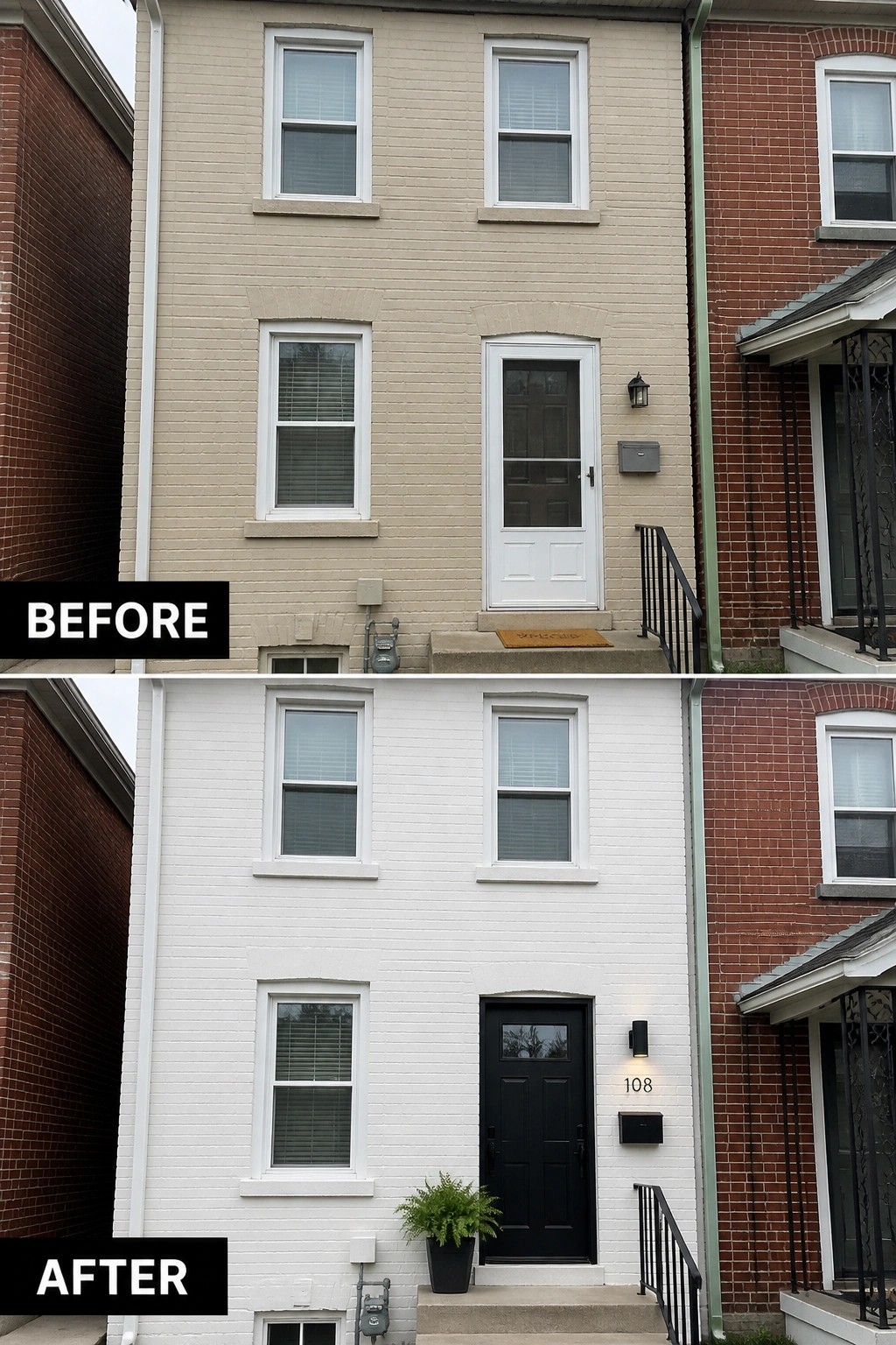 Before-and-after of beige brick townhouse repainted white with black door and plant