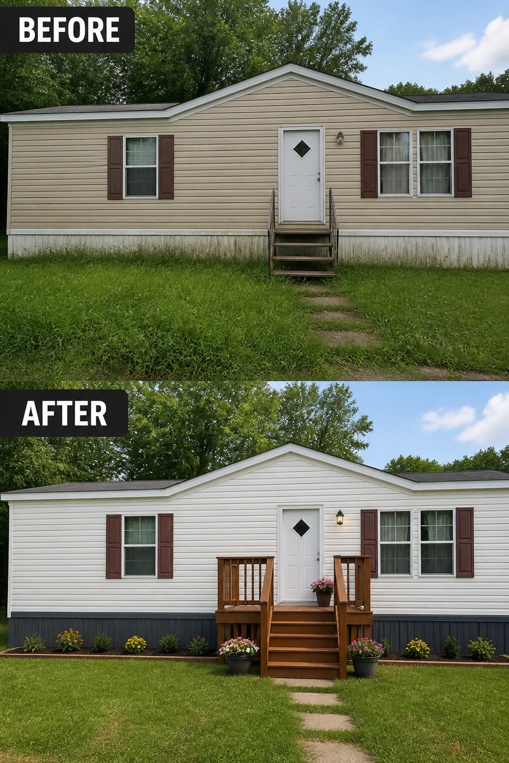 Before-and-after of tan mobile home repainted white with new deck and flower beds