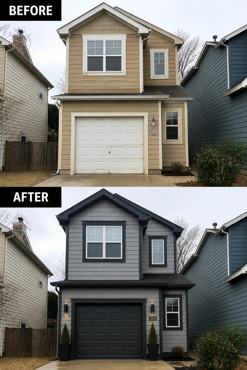 Before-and-after house exterior: beige siding with white garage, then gray with black trim.