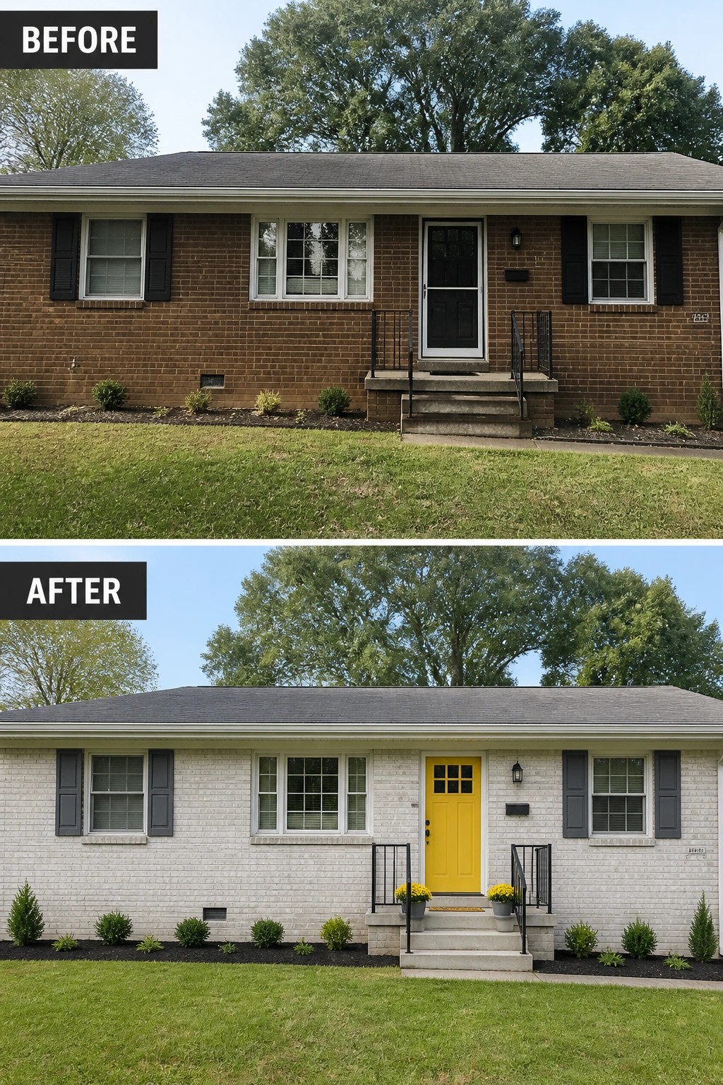 Before-and-after image of a brown brick house painted white with a yellow front door and added planters.