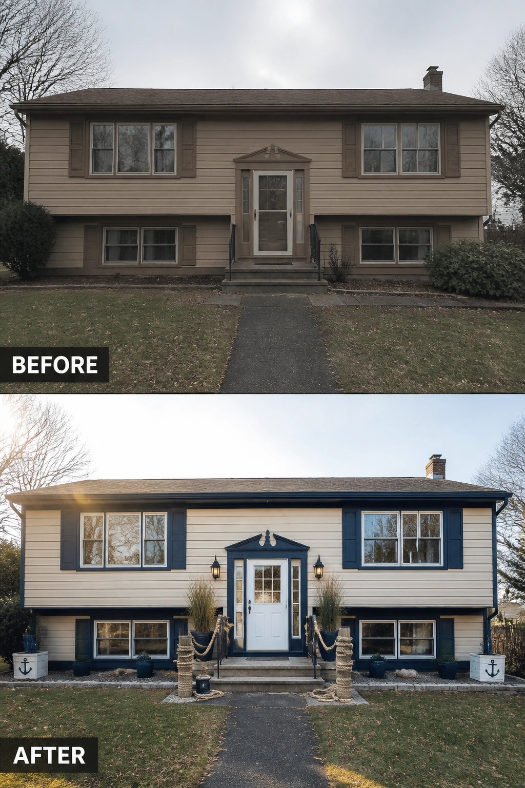 Before and after of tan house repainted white with navy trim and nautical accents
