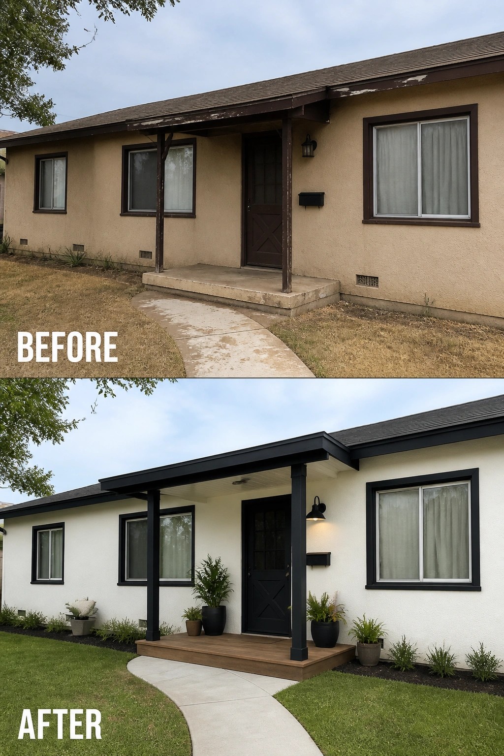 Before and after house exterior with new black trim, porch and landscaping