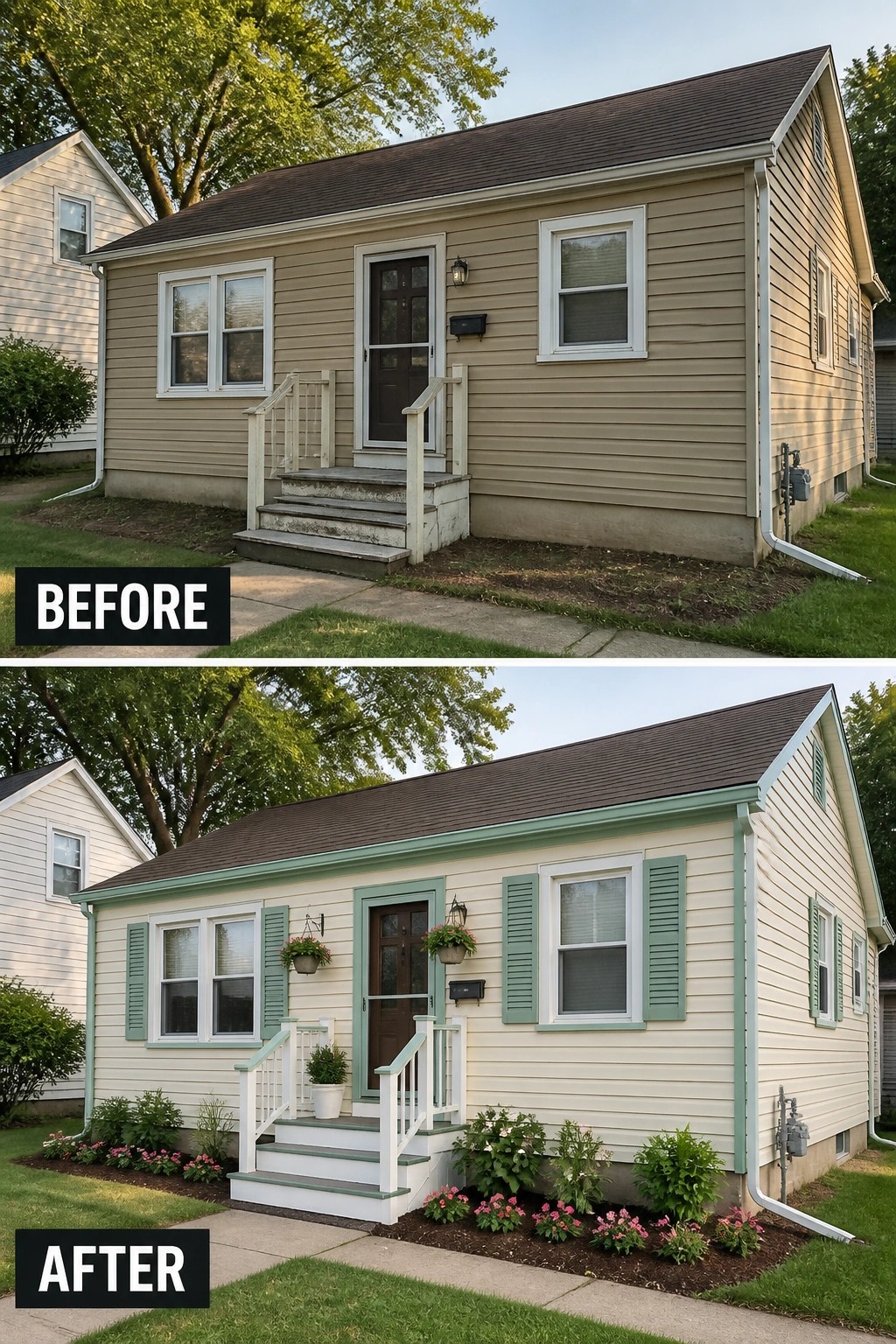 Before-and-after image of a beige house exterior updated with cream paint, green trim and shutters, and added foundation plantings.