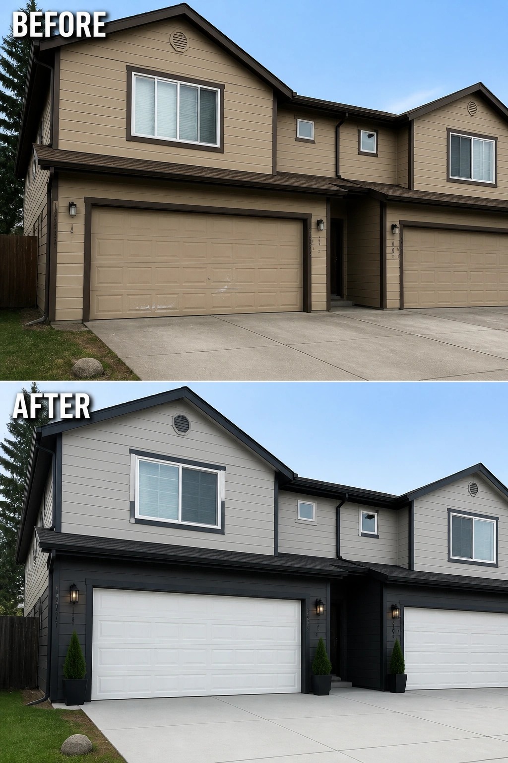 Before and after house exterior with new gray siding, black trim, and white garages.