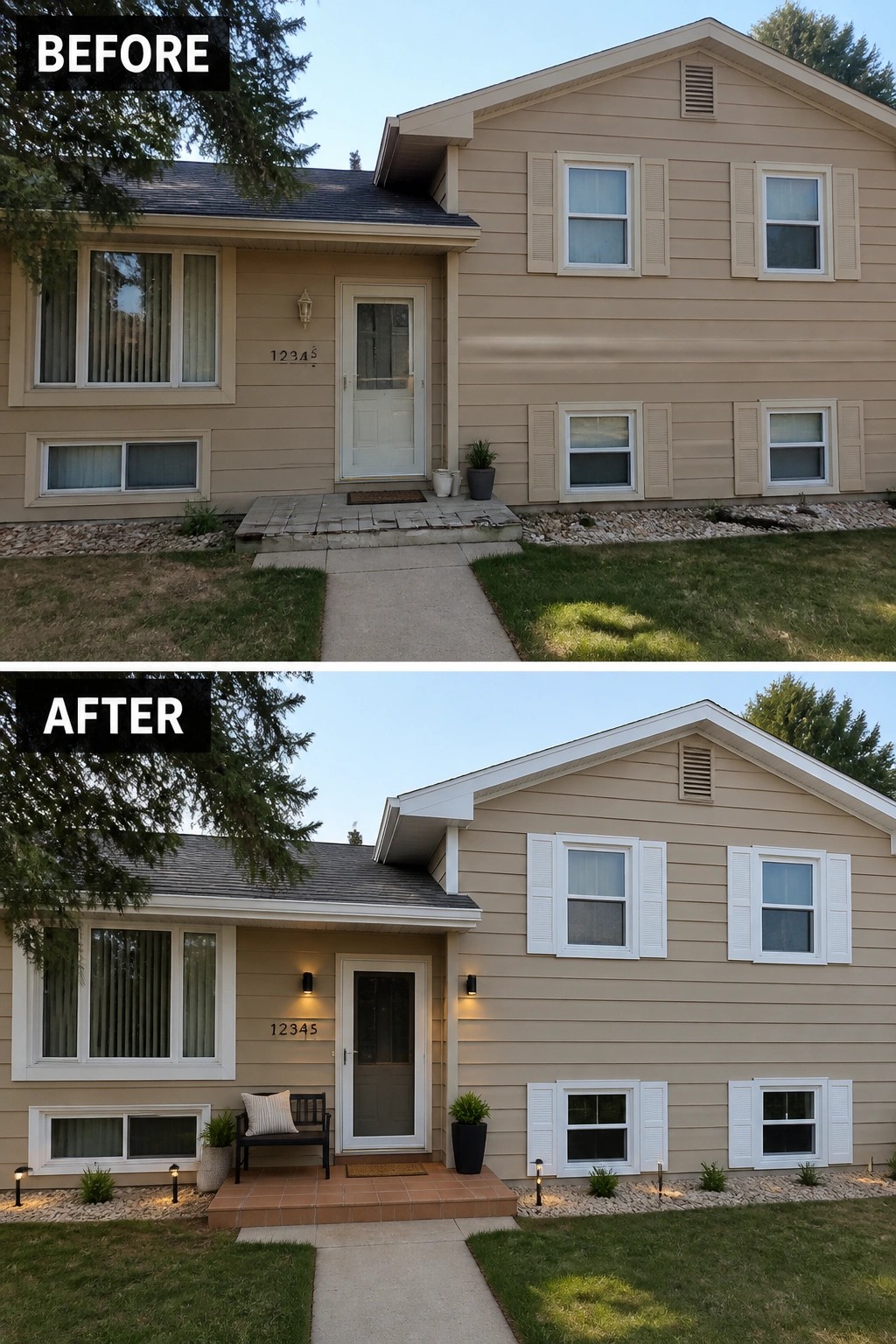 Before and after house exterior remodel with new porch, lights, and landscaping.