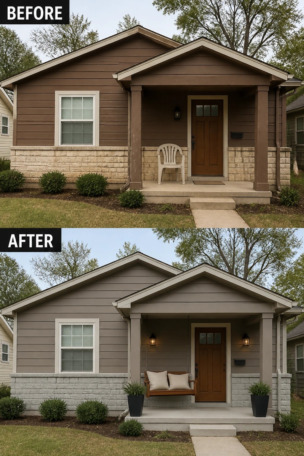 Before and after house exterior: brown to gray siding, chair replaced by porch swing with plants.