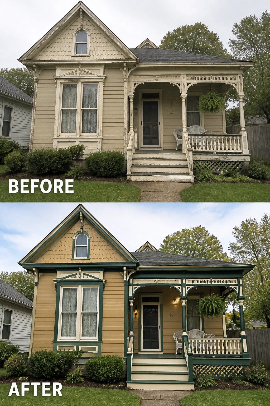 Before and after of yellow house with fresh green and white trim