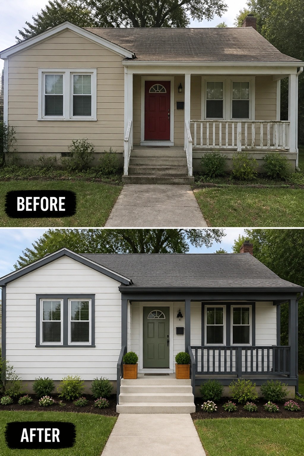 Before and after house exterior with new white paint, green door, and landscaping