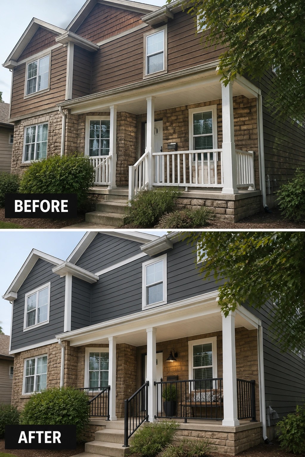 Before-and-after house exterior with brown-to-gray siding and white-to-black porch railings.