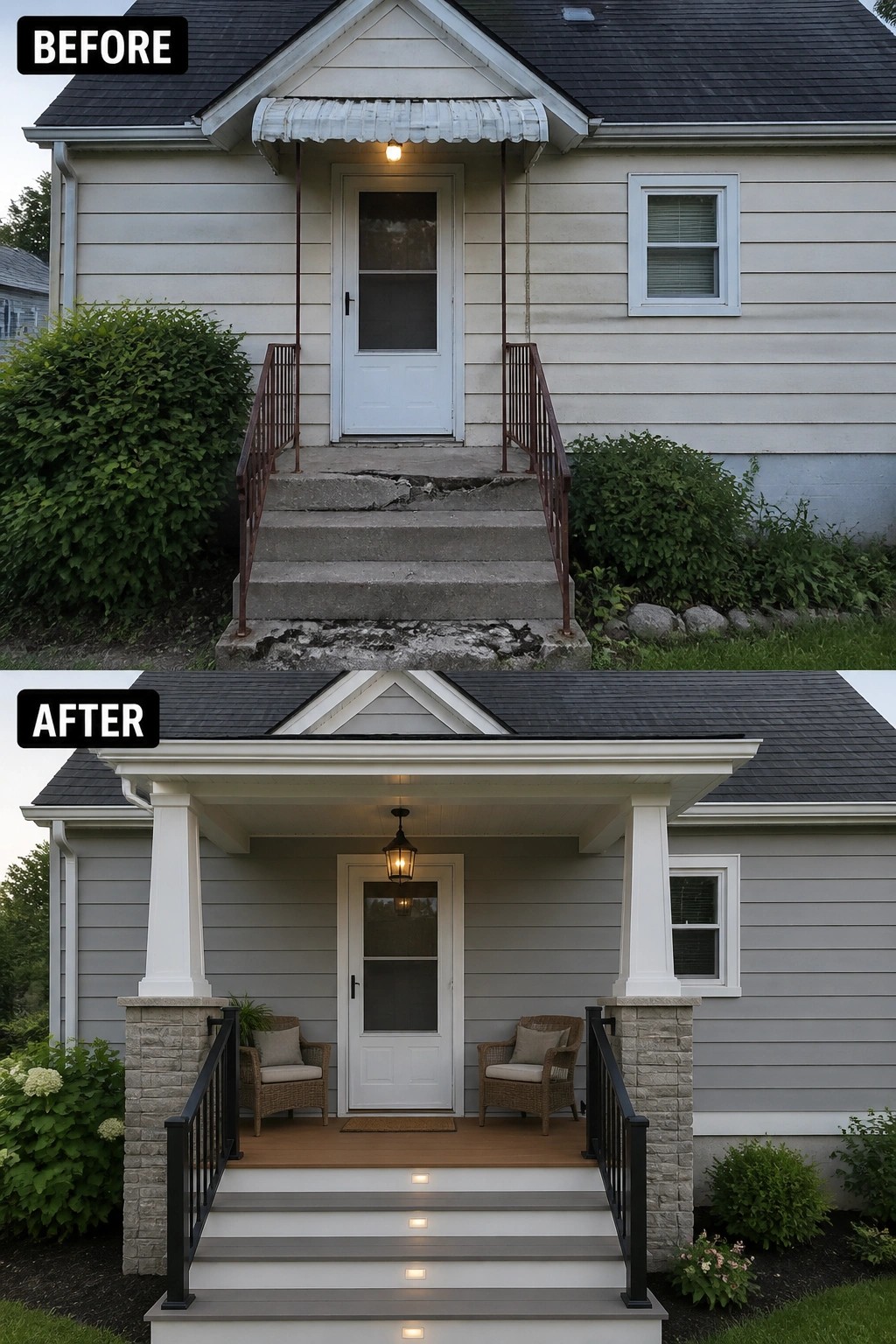 Before and after views of a house porch renovation with new deck, columns and railings.
