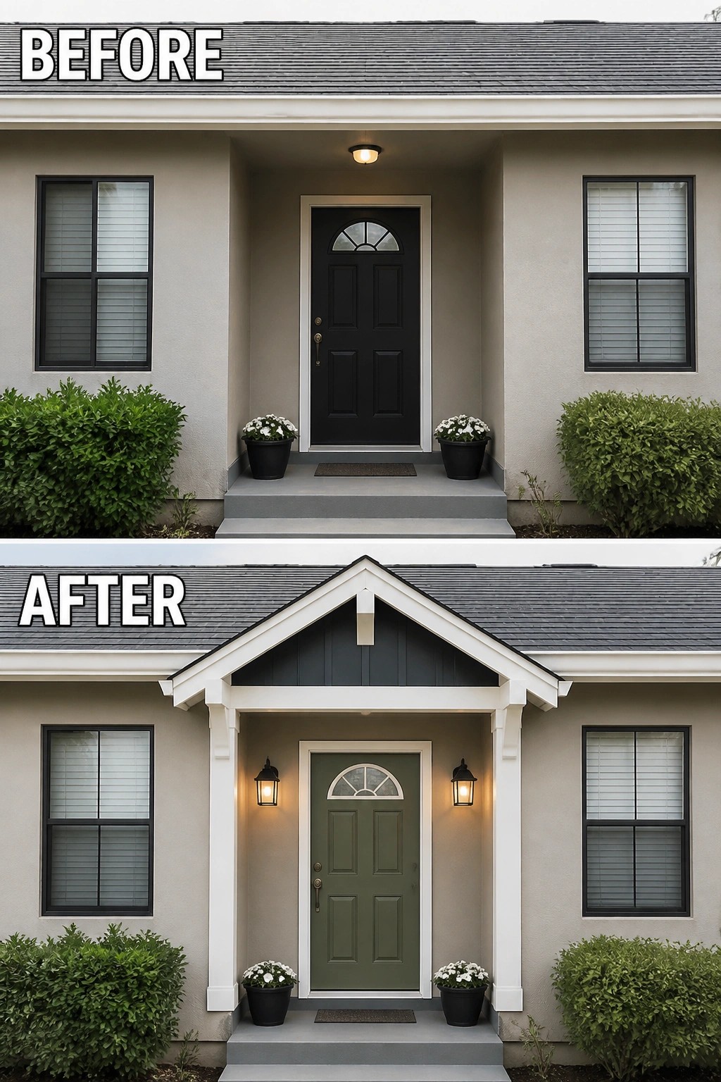 Before-and-after image of a house front entry updated with a new gabled porch structure, white trim, a green door, and wall sconces.