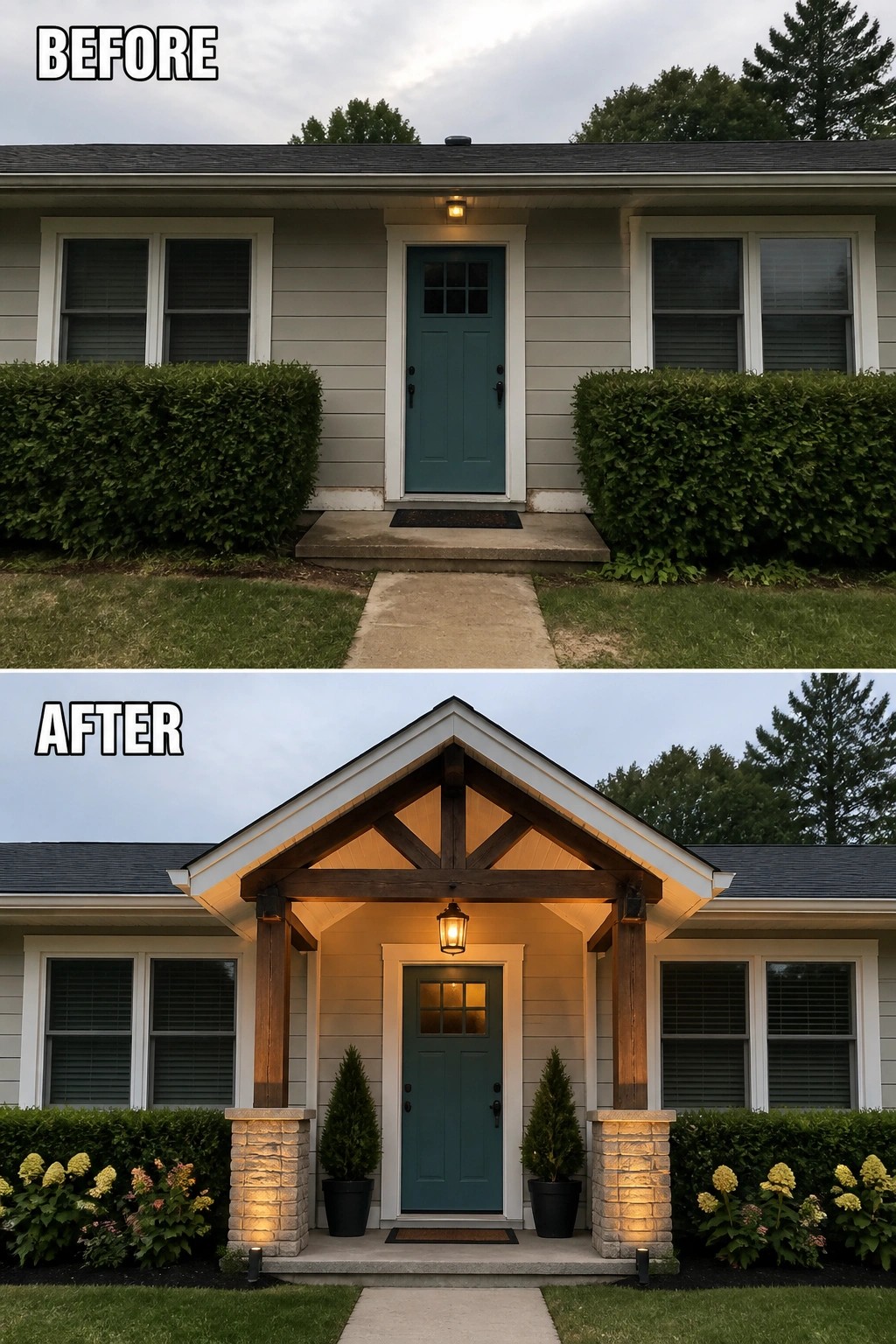 Before and after house entrance with new wooden porch and landscaping.