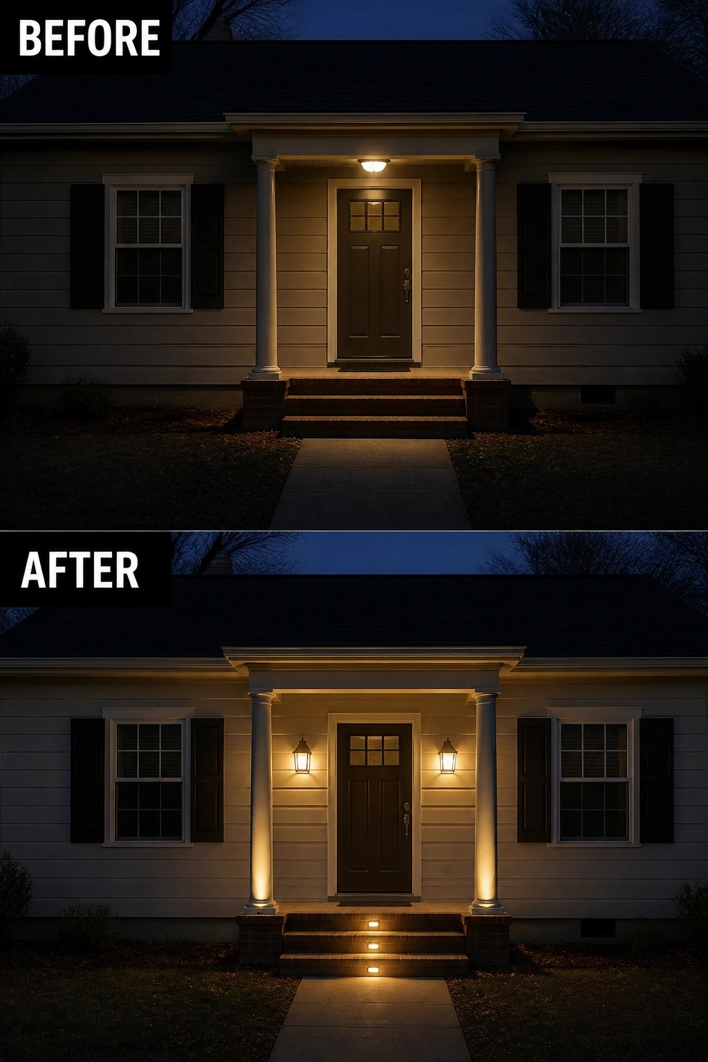 Before and after of house porch with added sconces, column lights, and step lighting.