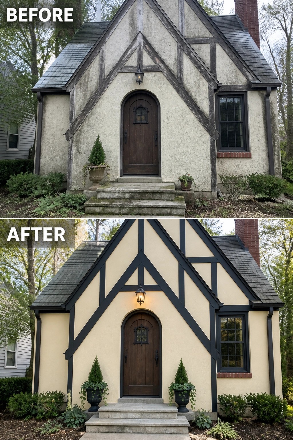 Before and after of Tudor house with fresh beige paint and black beams.
