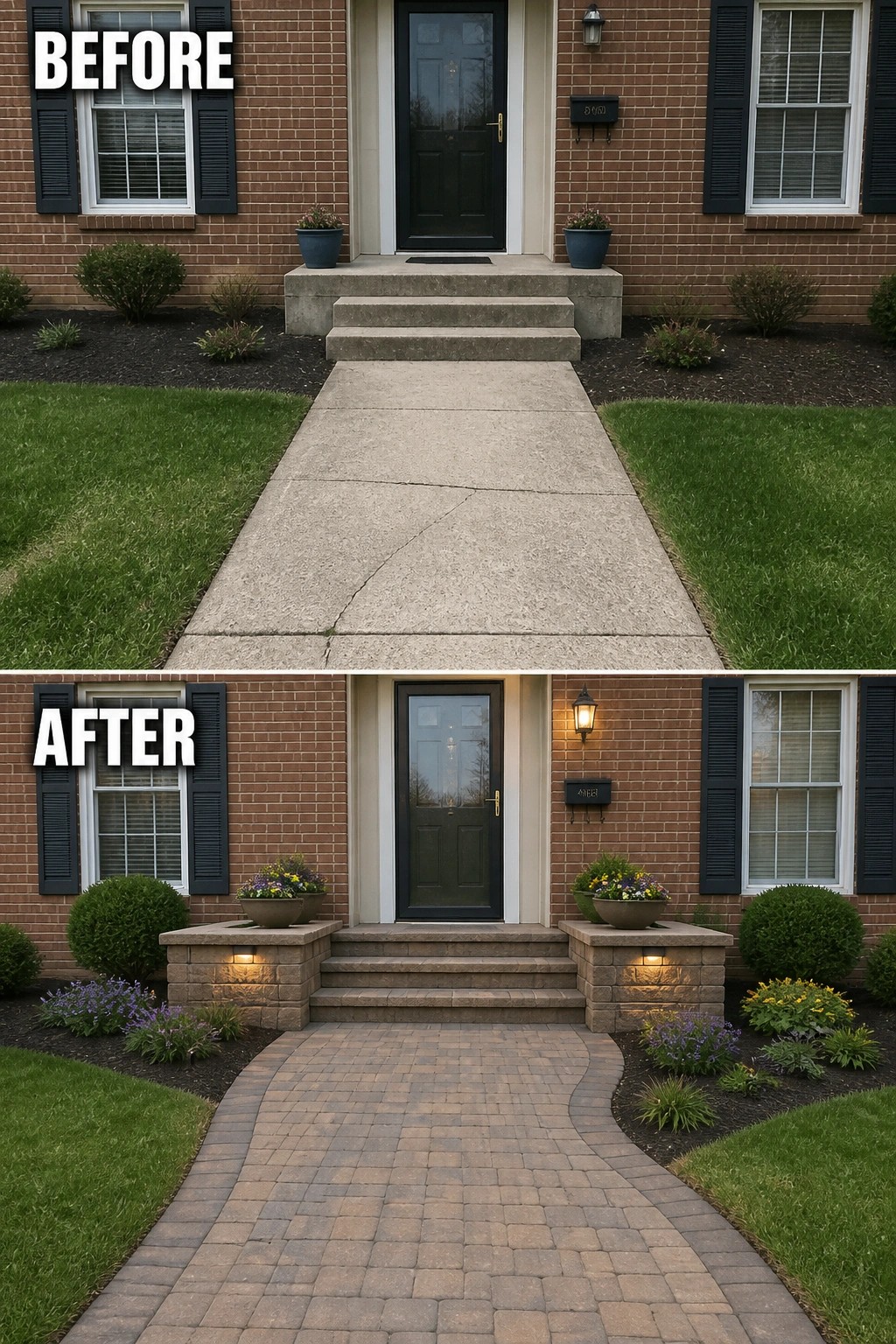 Before-and-after image of a house front entry showing a plain concrete path and steps replaced with a curved brick paver walkway, stone pillars, and added lighting around the steps and planters.