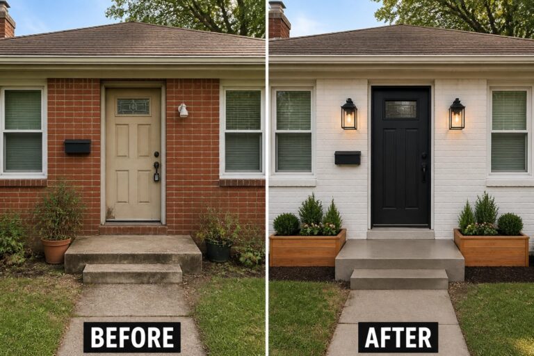 Before red brick house and after white version with black door and wooden planters