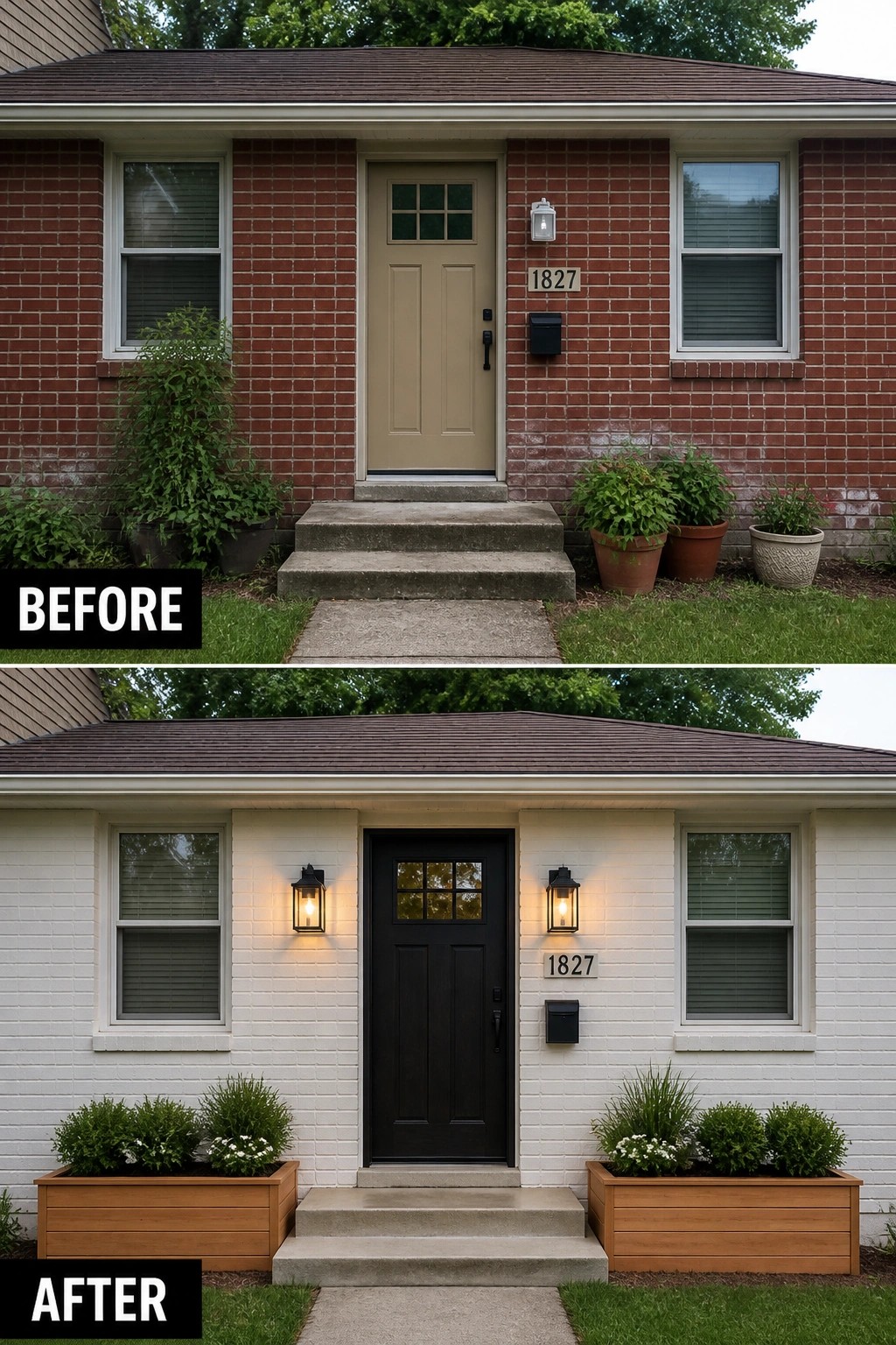 Before red brick house and after white version with black door and wooden planters